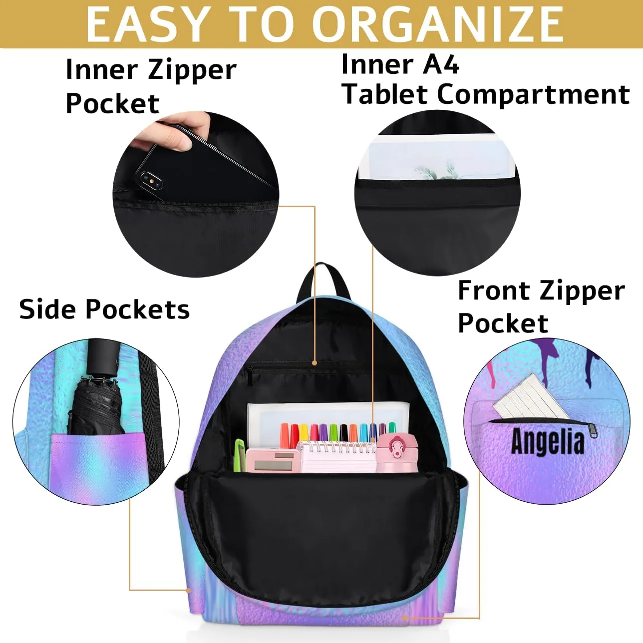 Dance Rainbow Foil Customized Kids Backpack for Girls Personalized Preschool Toddler Backpack Kindergarten Nursery Bookbag Travel Children School Bag