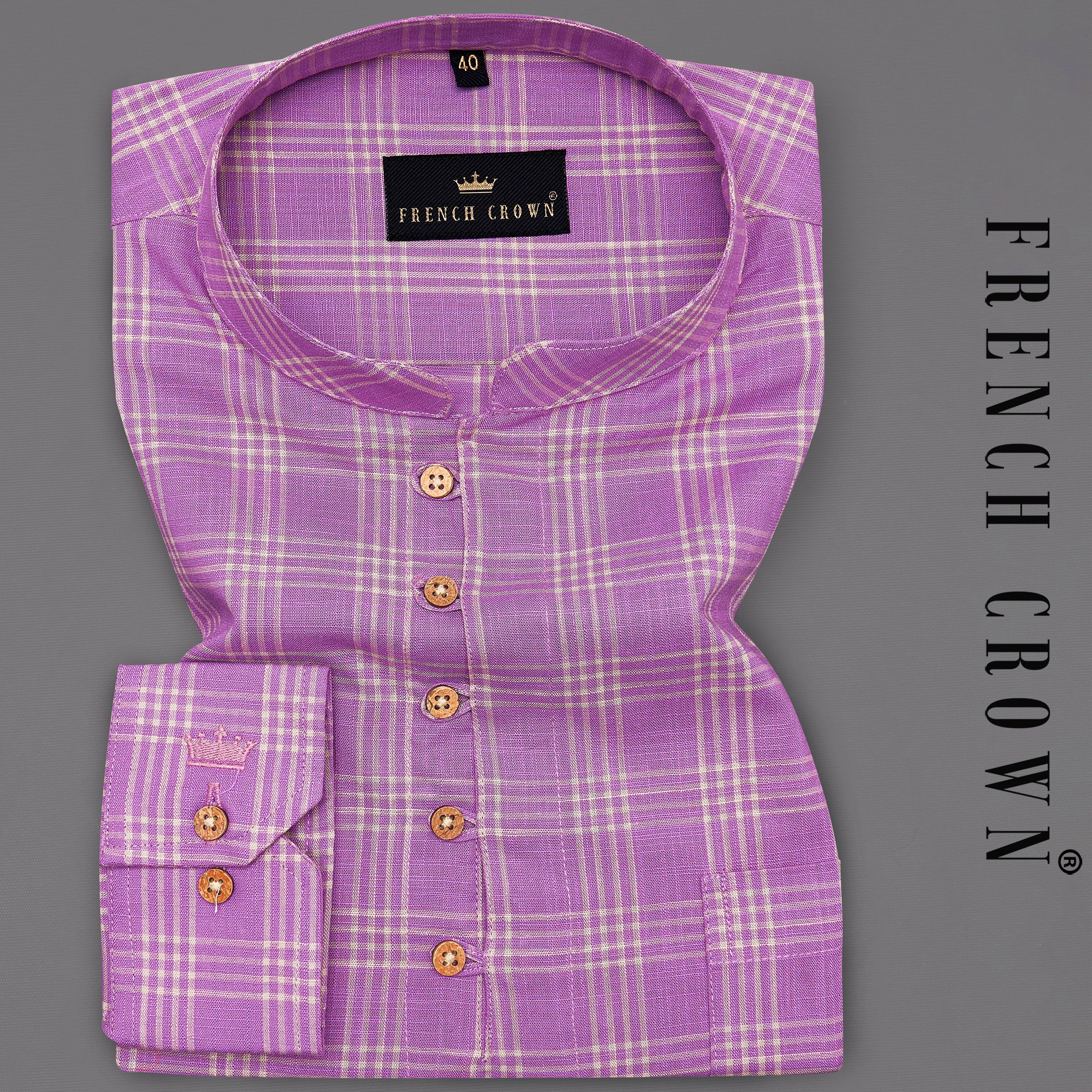 Deep Lilac Purple Checked with Spider Embroidered Luxurious Linen Kurta Shirt