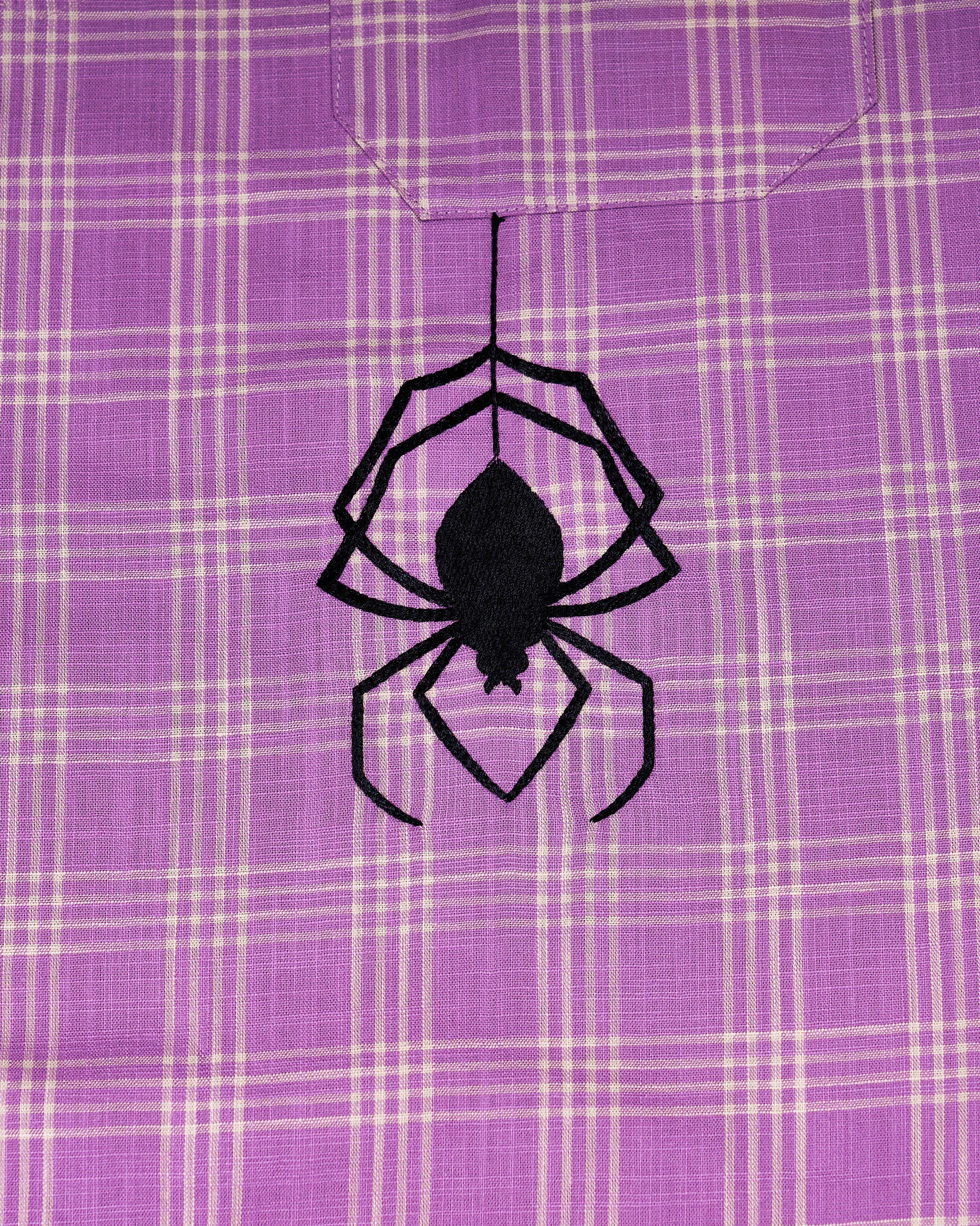 Deep Lilac Purple Checked with Spider Embroidered Luxurious Linen Kurta Shirt
