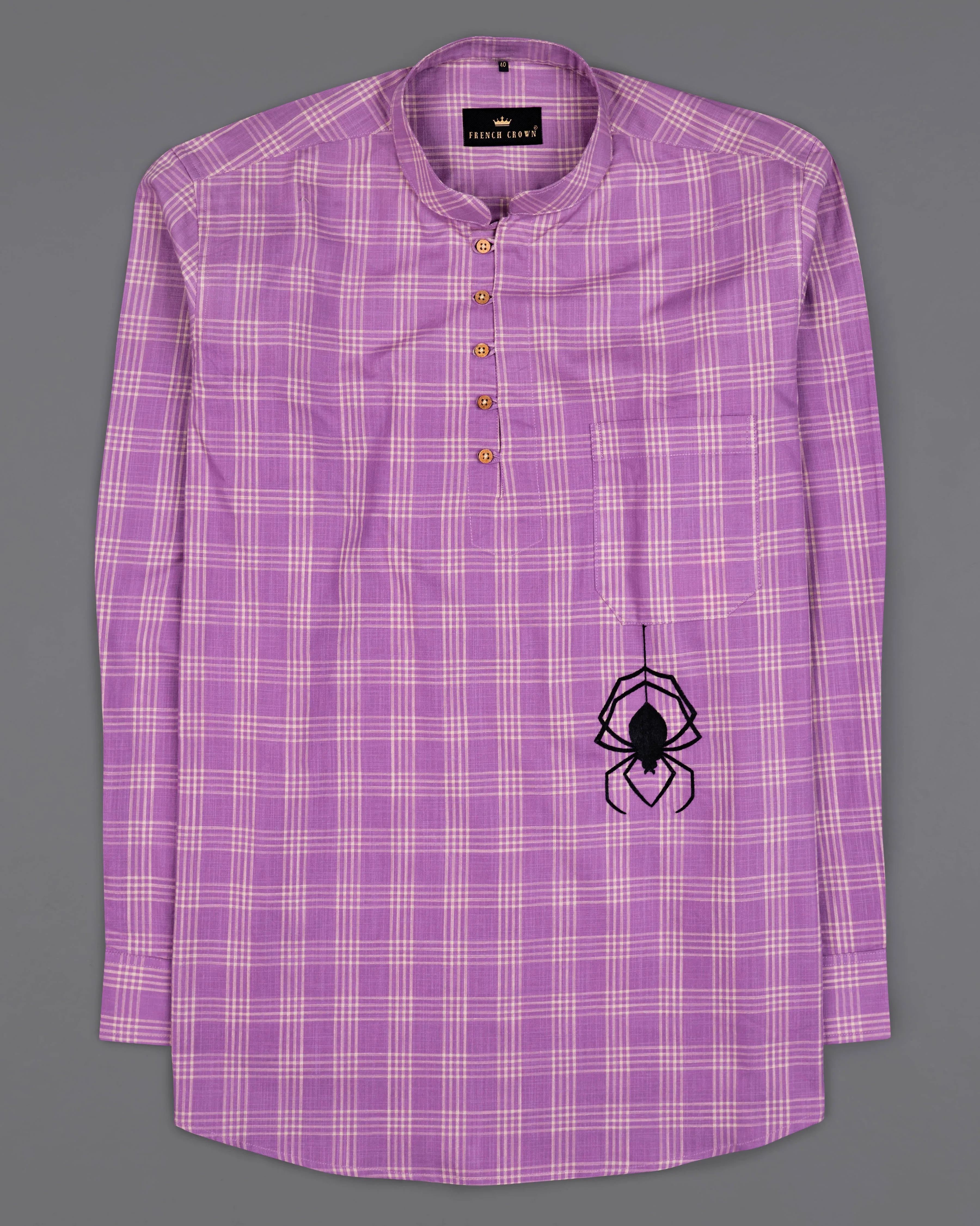 Deep Lilac Purple Checked with Spider Embroidered Luxurious Linen Kurta Shirt