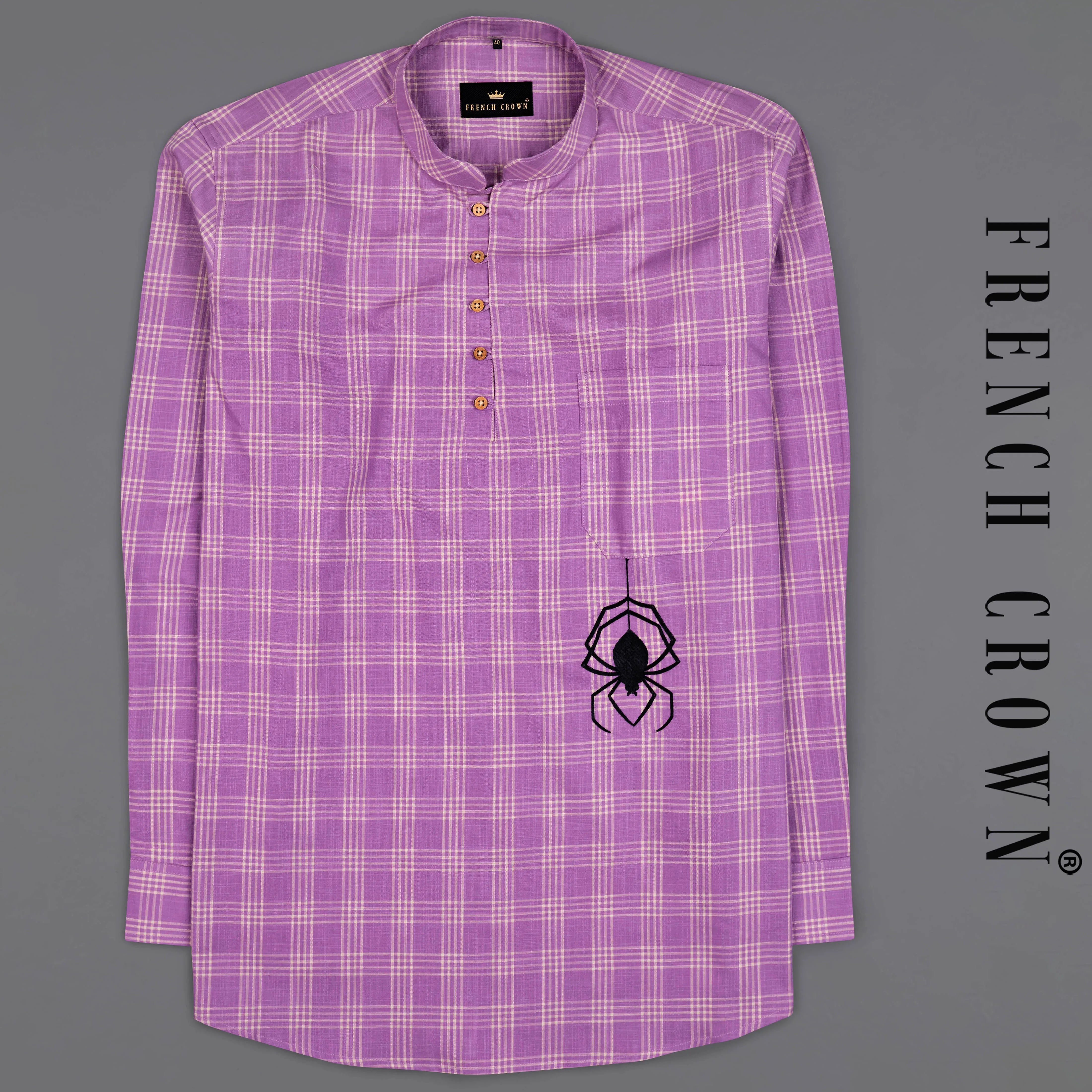 Deep Lilac Purple Checked with Spider Embroidered Luxurious Linen Kurta Shirt