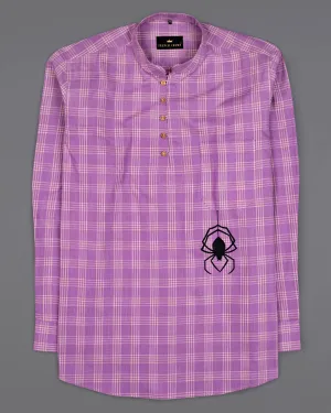 Deep Lilac Purple Checked with Spider Embroidered Luxurious Linen Kurta Shirt
