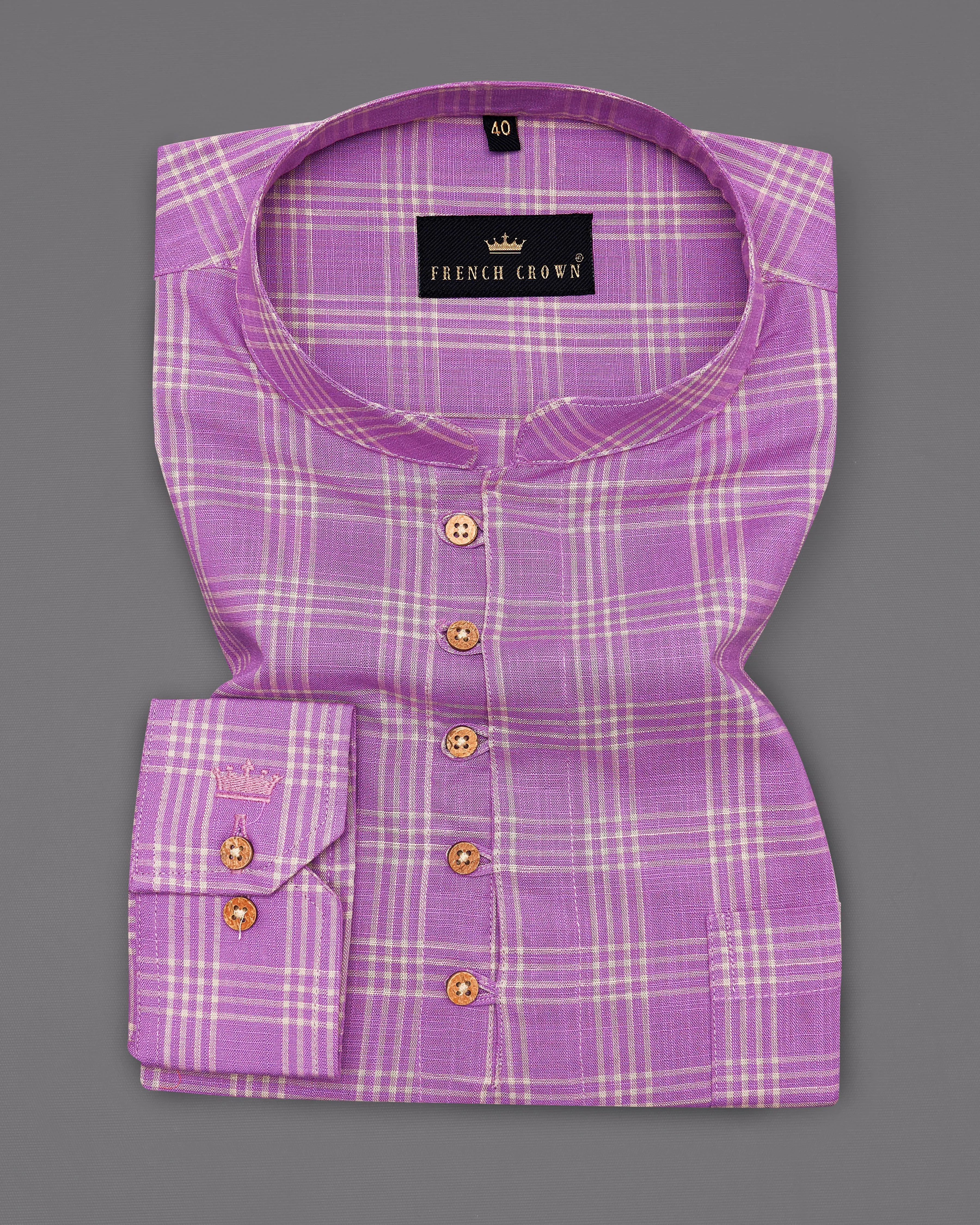 Deep Lilac Purple Checked with Spider Embroidered Luxurious Linen Kurta Shirt