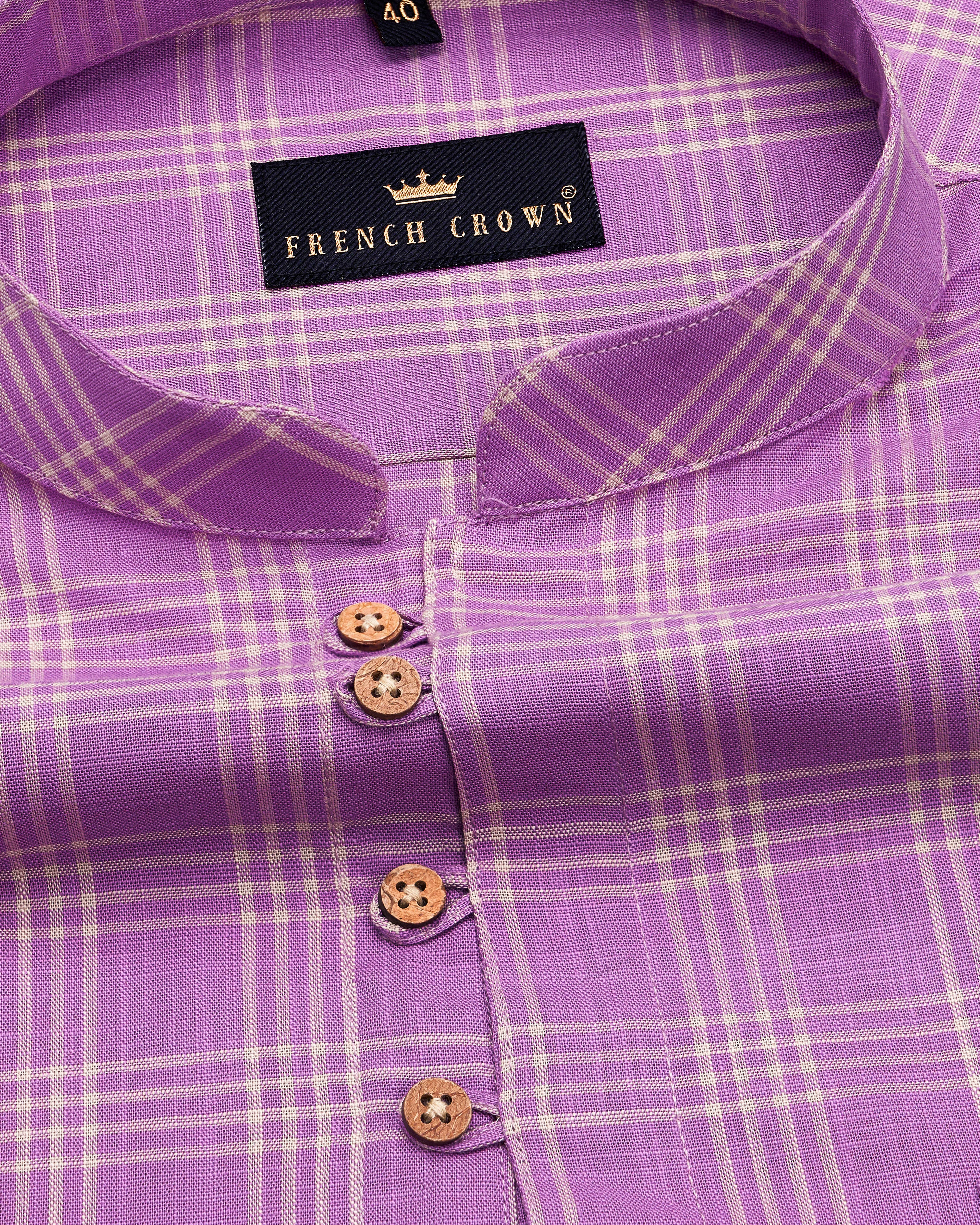 Deep Lilac Purple Checked with Spider Embroidered Luxurious Linen Kurta Shirt
