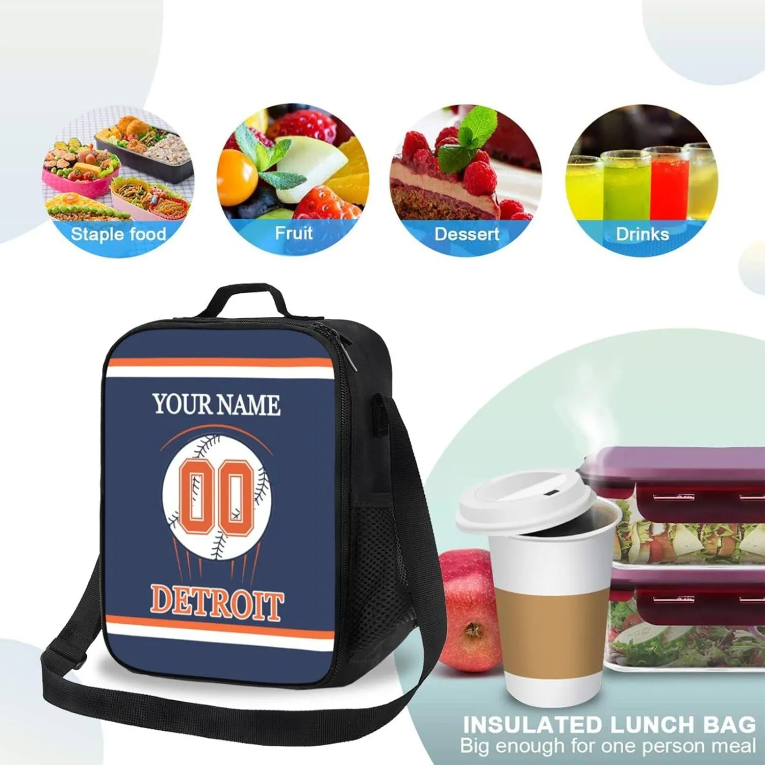Detroit Lunch Box Lunch Bag Custom Any Name and Any Number Personalized Adjustable Strap Sport Insulated Lunch Bags for Fans Men Women Gifts