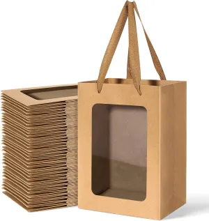 DIVINA VITAE 36Pcs Kraft Bags with Window, 7.1 x 5.1 x 9.8Inches Brown Gift Bags with Handles, Transparent Gift Bags Kraft Shopping Bags for Present, Festivals Party
