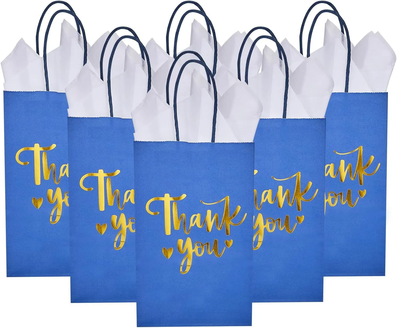 DjinnGlory 50 Pack Small Navy Blue & Gold Foil Thank You Paper Bags with Handles and 50 White Tissue Paper for Graduation Wedding Birthday Party Goodies, Welcome Gift Bags, 9x5.5x3.15 Inch