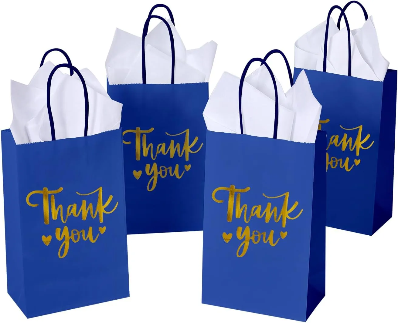 DjinnGlory 50 Pack Small Navy Blue & Gold Foil Thank You Paper Bags with Handles and 50 White Tissue Paper for Graduation Wedding Birthday Party Goodies, Welcome Gift Bags, 9x5.5x3.15 Inch