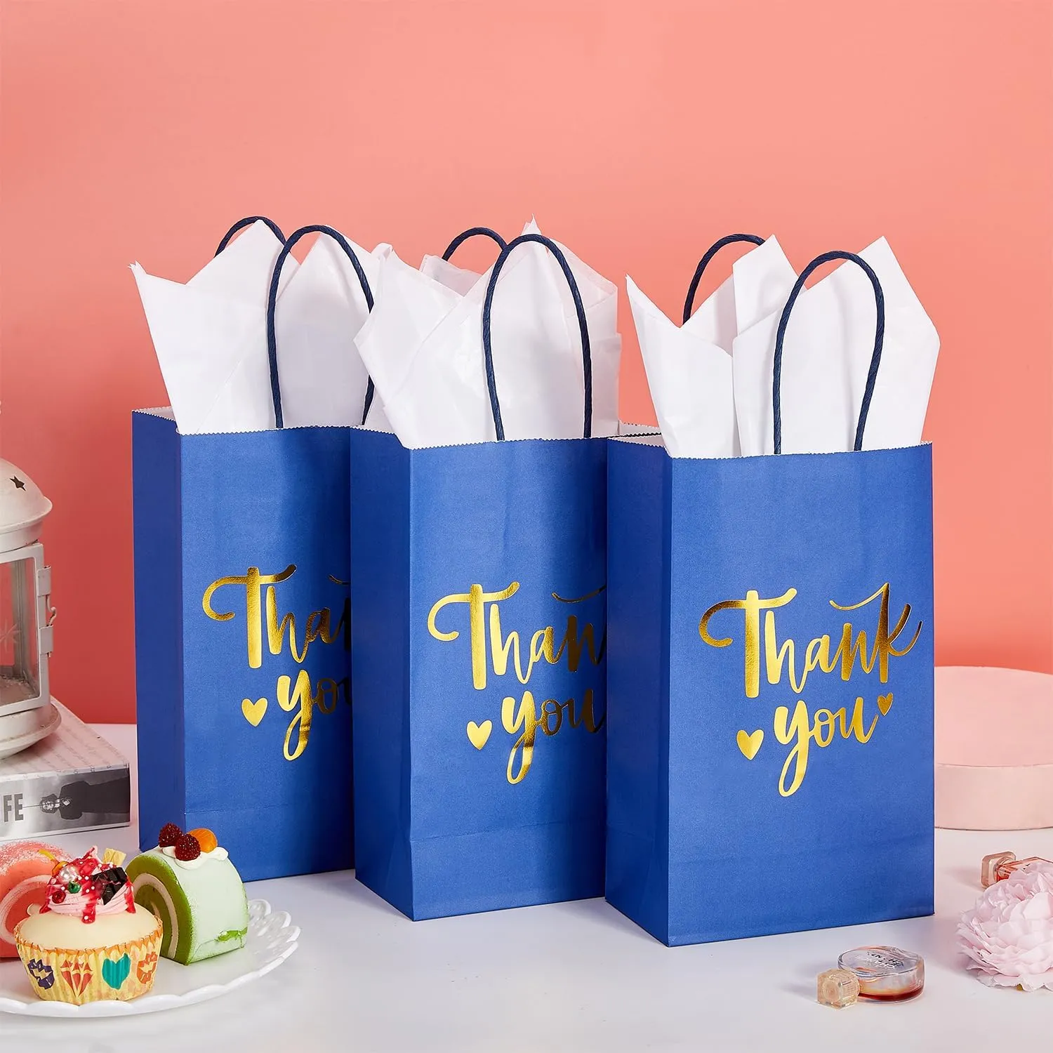 DjinnGlory 50 Pack Small Navy Blue & Gold Foil Thank You Paper Bags with Handles and 50 White Tissue Paper for Graduation Wedding Birthday Party Goodies, Welcome Gift Bags, 9x5.5x3.15 Inch