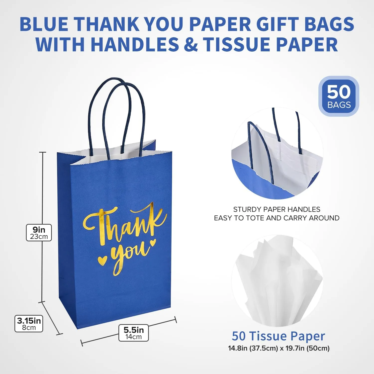 DjinnGlory 50 Pack Small Navy Blue & Gold Foil Thank You Paper Bags with Handles and 50 White Tissue Paper for Graduation Wedding Birthday Party Goodies, Welcome Gift Bags, 9x5.5x3.15 Inch