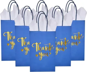 DjinnGlory 50 Pack Small Navy Blue & Gold Foil Thank You Paper Bags with Handles and 50 White Tissue Paper for Graduation Wedding Birthday Party Goodies, Welcome Gift Bags, 9x5.5x3.15 Inch