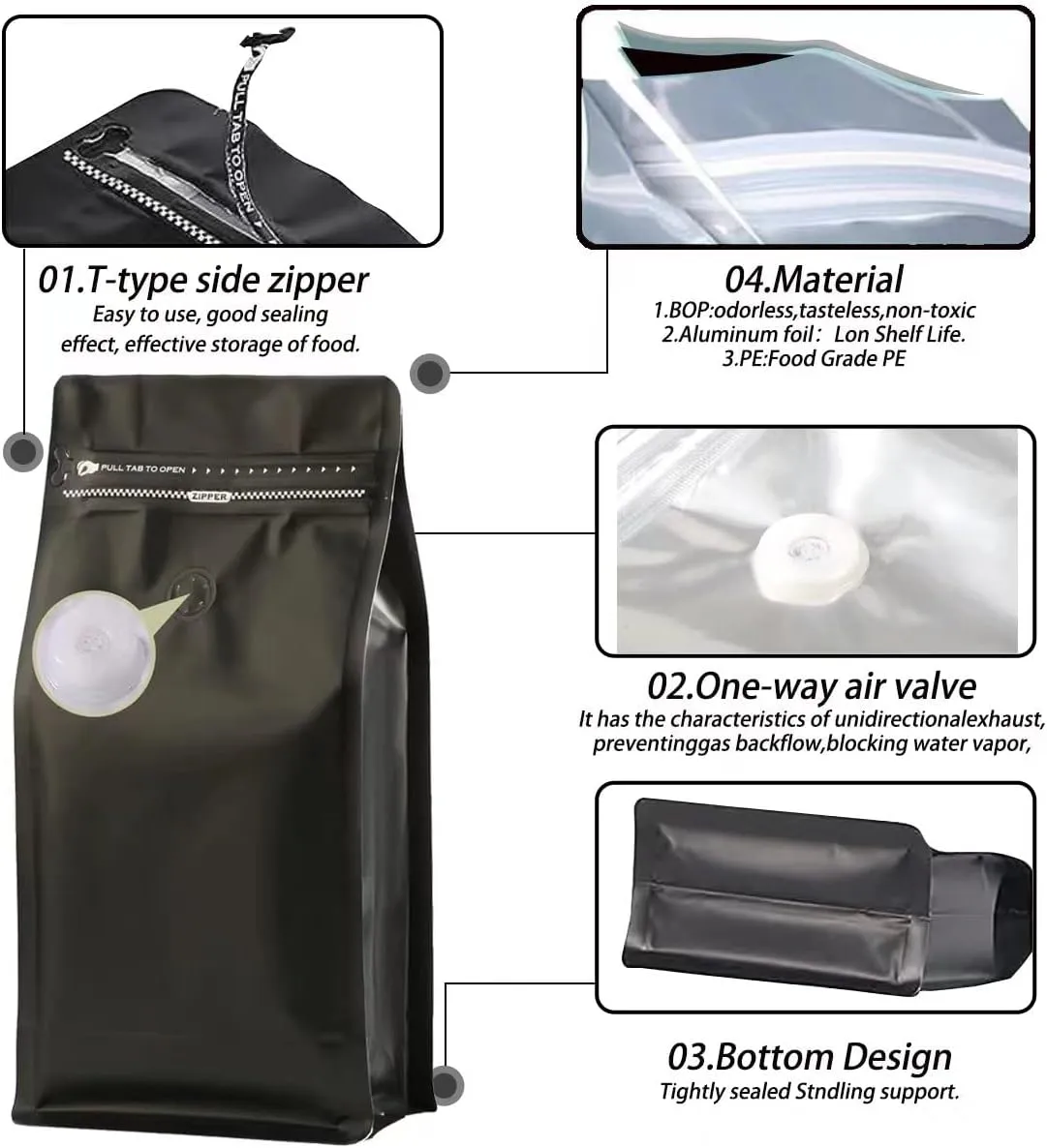 DMpcakDM Coffee Bags with Valve(16 oz,1 lb,50pcs) Black High Barrier Aluminumed Foil Flat Bottom Heat Sealed Coffee Beans Packaging Bags Side Zipper Resealable Bags for Home or Business
