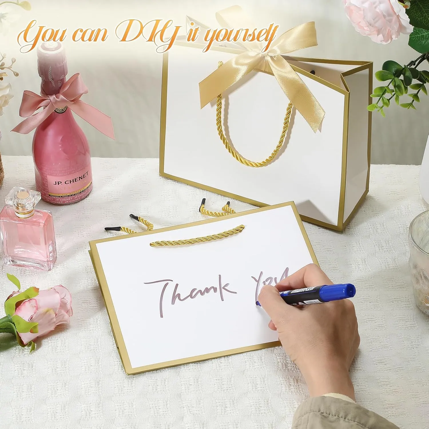 DOYIDE 12 Pcs Thank You Gift Bags with Handles, 9x7x3.1in Paper Gift Bags with Bow Ribbon, White Party Favor Bags for Any Birthday Wedding Baby Shower Bridesmaid Party Medium Gift Wrap Bags