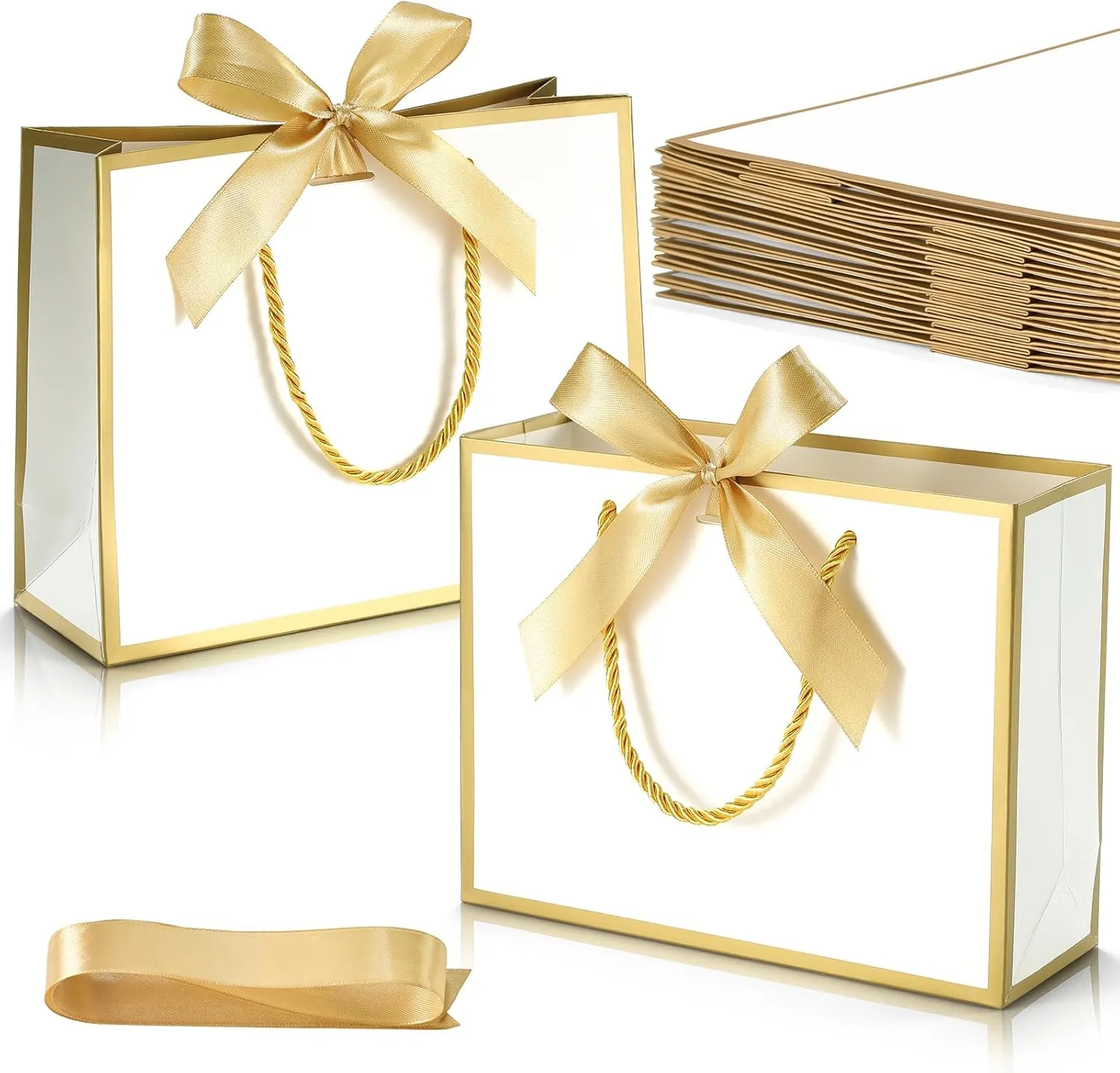 DOYIDE 12 Pcs Thank You Gift Bags with Handles, 9x7x3.1in Paper Gift Bags with Bow Ribbon, White Party Favor Bags for Any Birthday Wedding Baby Shower Bridesmaid Party Medium Gift Wrap Bags