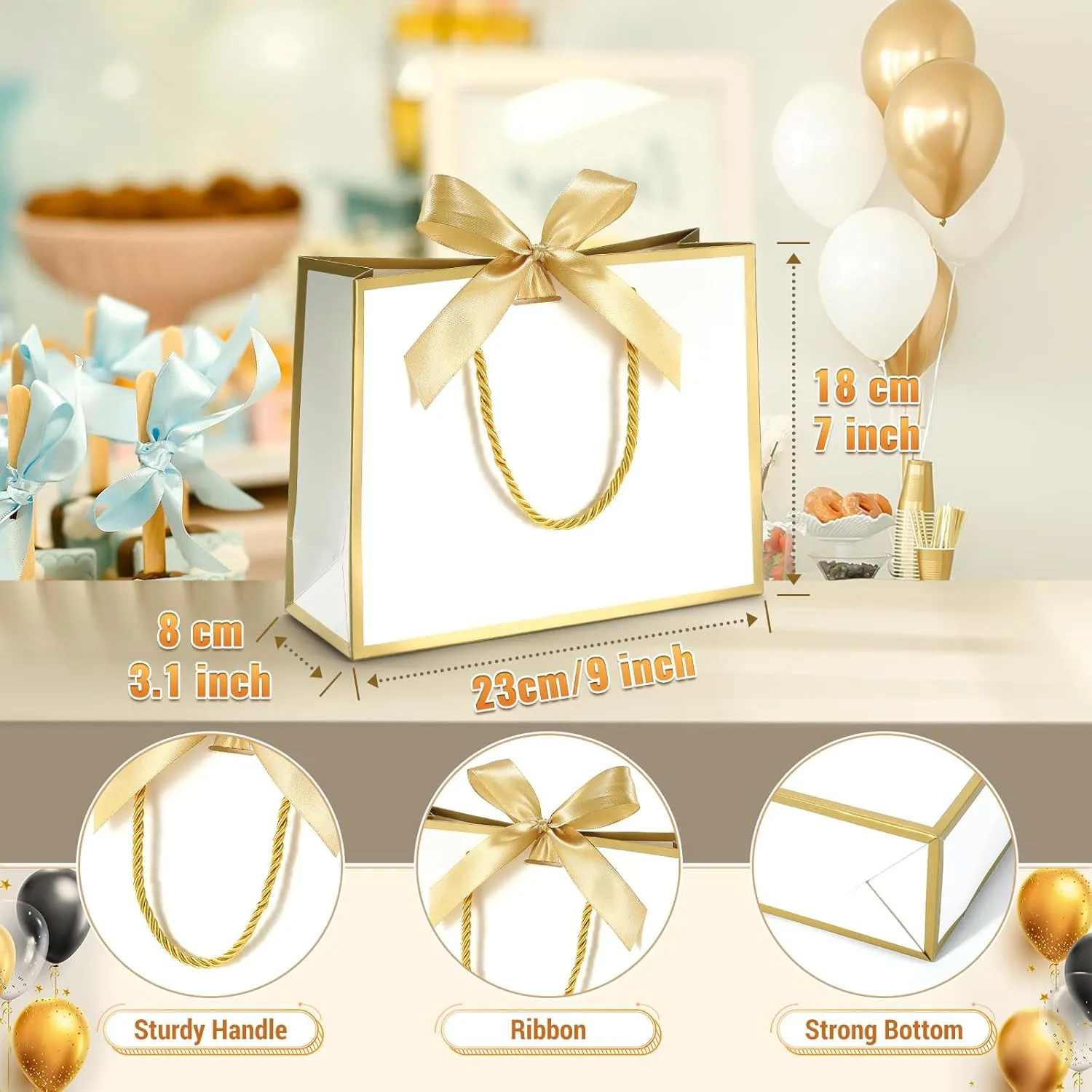DOYIDE 12 Pcs Thank You Gift Bags with Handles, 9x7x3.1in Paper Gift Bags with Bow Ribbon, White Party Favor Bags for Any Birthday Wedding Baby Shower Bridesmaid Party Medium Gift Wrap Bags