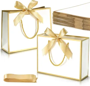 DOYIDE 12 Pcs Thank You Gift Bags with Handles, 9x7x3.1in Paper Gift Bags with Bow Ribbon, White Party Favor Bags for Any Birthday Wedding Baby Shower Bridesmaid Party Medium Gift Wrap Bags