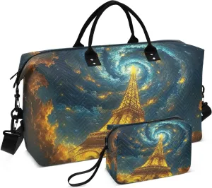 Duffel Bag Set for Travel Gym Sport, Weekender Bag Carry on Overnight Bags for Women Men-Eiffel Mysterious Print