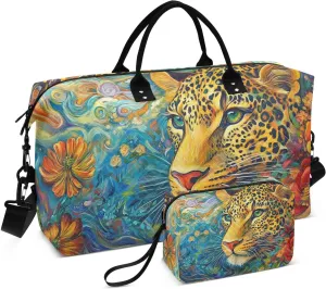 Duffel Bag Set for Travel Gym Sport, Weekender Bag Carry on Overnight Bags for Women Men-Leopard Flower Art Print