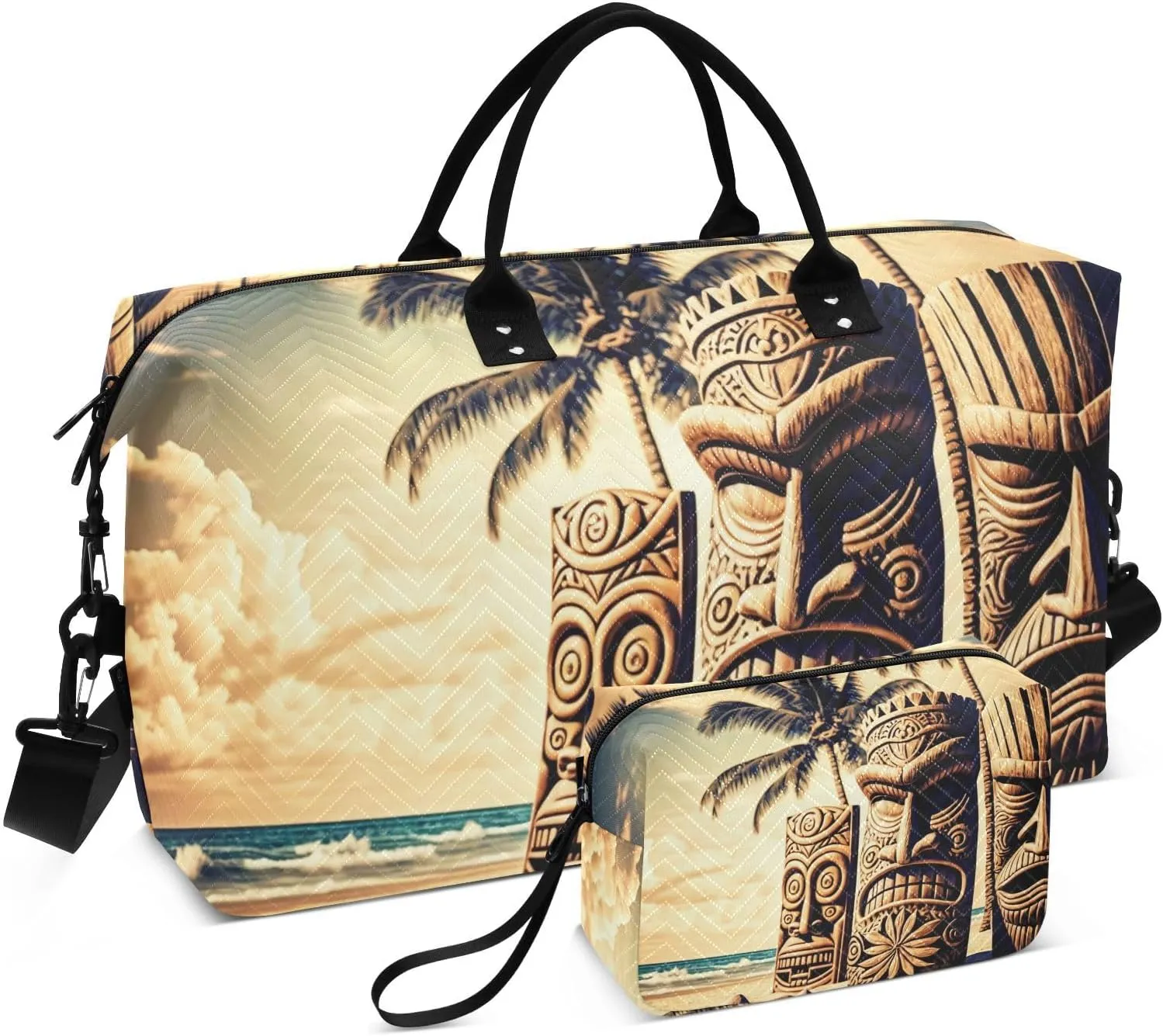 Duffel Bag Set with Toiletry Bag for Travel Gym Sport, Luggage Sleeve Weekender Bags Carry on Overnight Bag-Vintage Tiki Statue Print