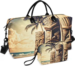 Duffel Bag Set with Toiletry Bag for Travel Gym Sport, Luggage Sleeve Weekender Bags Carry on Overnight Bag-Vintage Tiki Statue Print