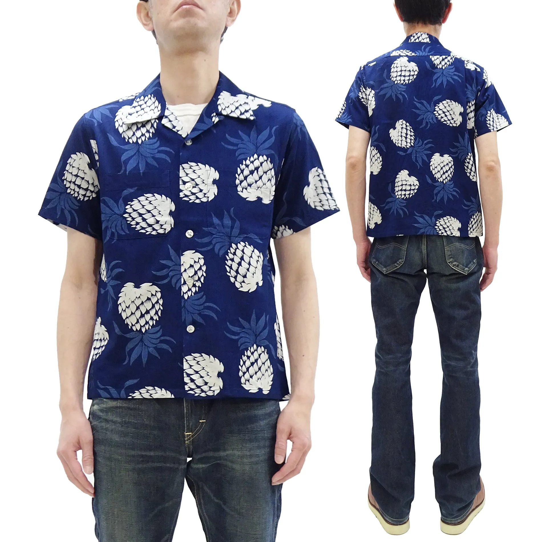 Duke Kahanamoku Cotton Hawaiian Shirt Men's 1950s Duke's Pineapple Print Reproduction Short-Sleeve Indigo Aloha Shirt DK39045 128 Navy-Blue