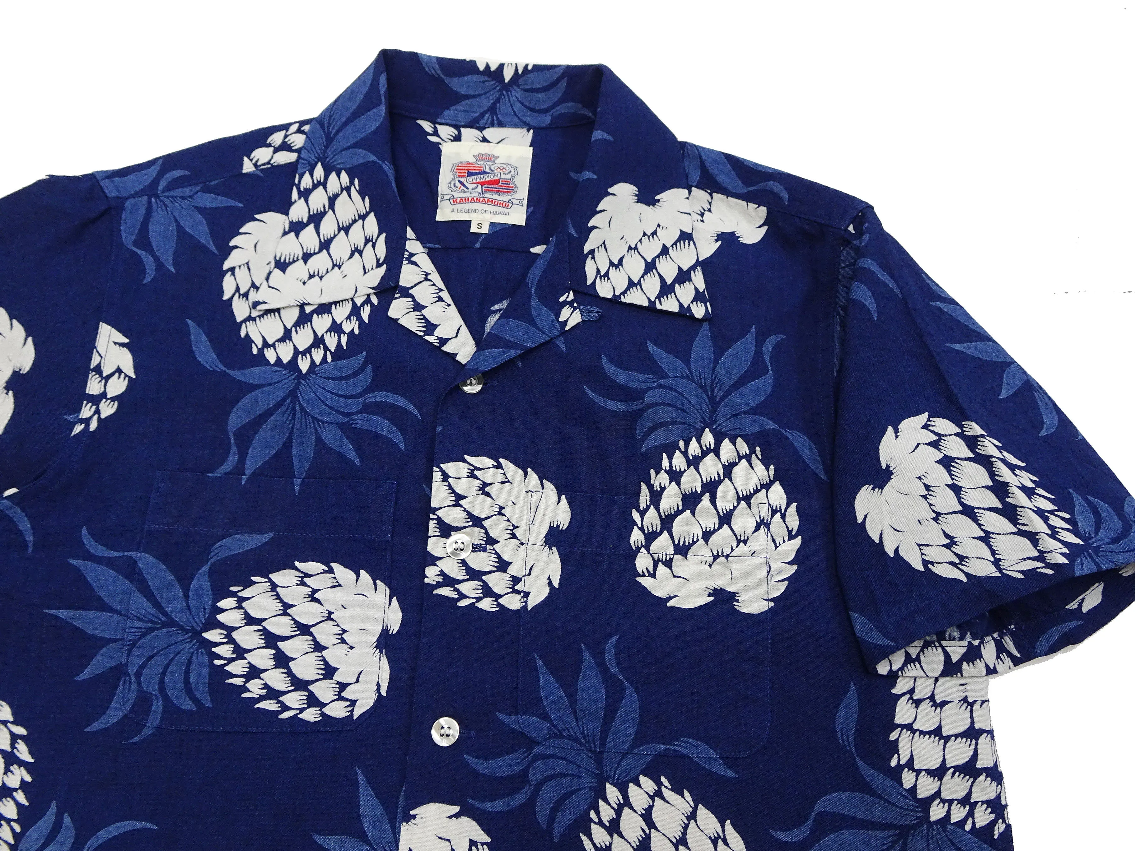Duke Kahanamoku Cotton Hawaiian Shirt Men's 1950s Duke's Pineapple Print Reproduction Short-Sleeve Indigo Aloha Shirt DK39045 128 Navy-Blue