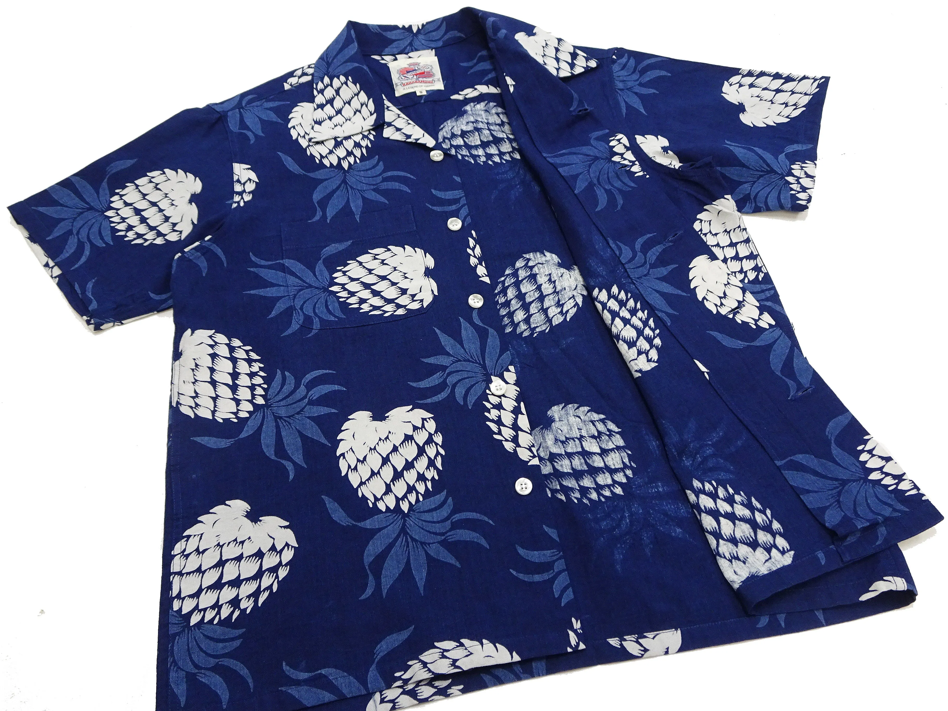 Duke Kahanamoku Cotton Hawaiian Shirt Men's 1950s Duke's Pineapple Print Reproduction Short-Sleeve Indigo Aloha Shirt DK39045 128 Navy-Blue