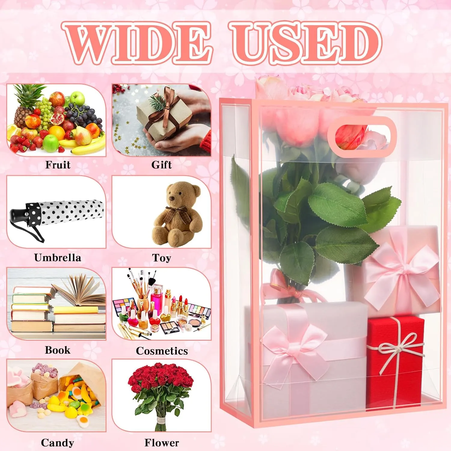 Dunzoom 20 Pcs Clear Plastic Gift Bag with Handles Reusable PP Favor Flower Bag for Father's Day Wedding Bridal Birthday Graduation(13.8 x 9.5 x 3.9'',Pink Trim)