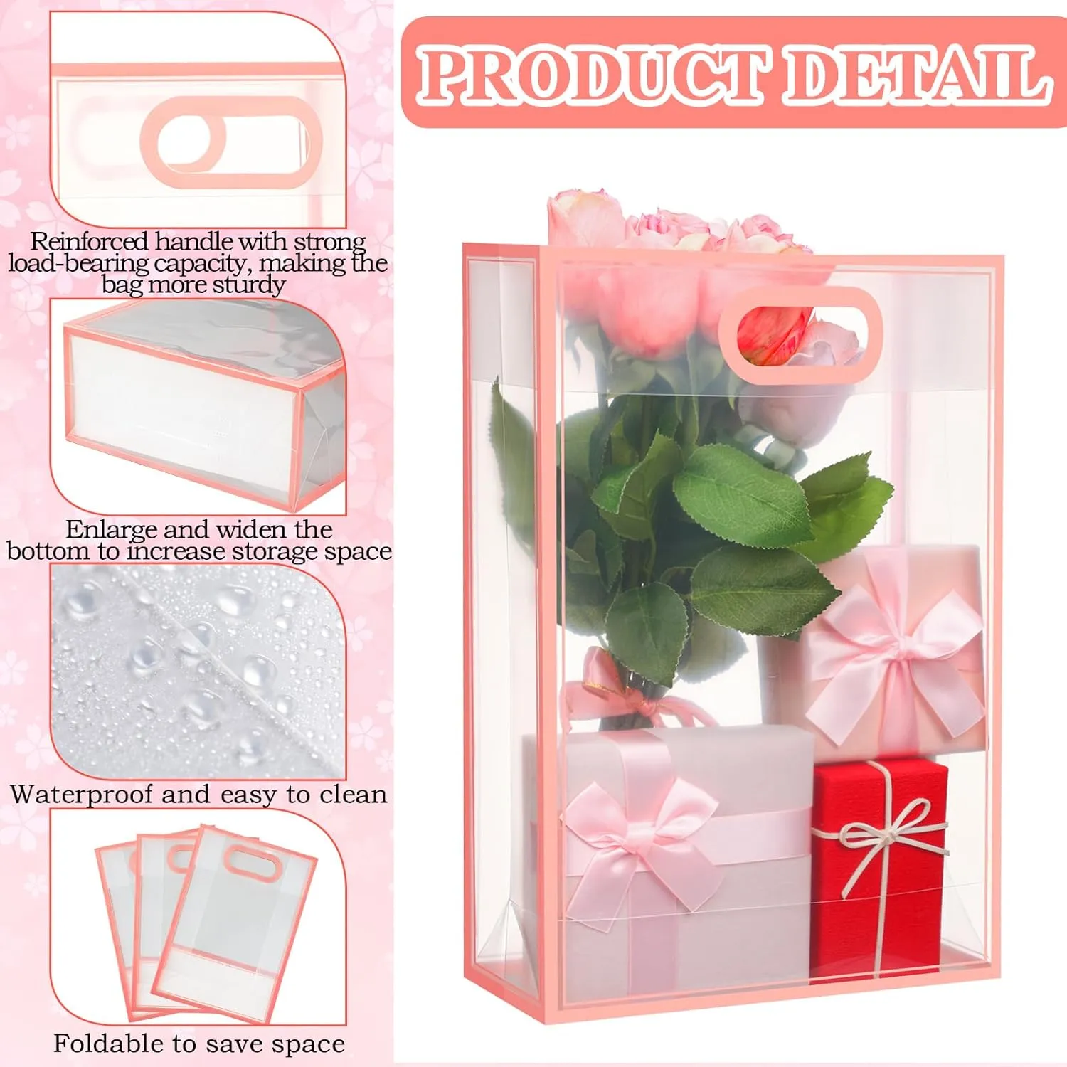Dunzoom 20 Pcs Clear Plastic Gift Bag with Handles Reusable PP Favor Flower Bag for Father's Day Wedding Bridal Birthday Graduation(13.8 x 9.5 x 3.9'',Pink Trim)
