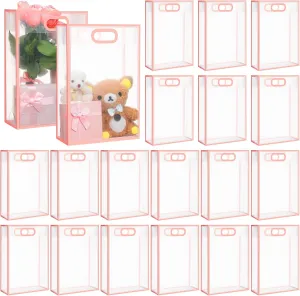 Dunzoom 20 Pcs Clear Plastic Gift Bag with Handles Reusable PP Favor Flower Bag for Father's Day Wedding Bridal Birthday Graduation(13.8 x 9.5 x 3.9'',Pink Trim)