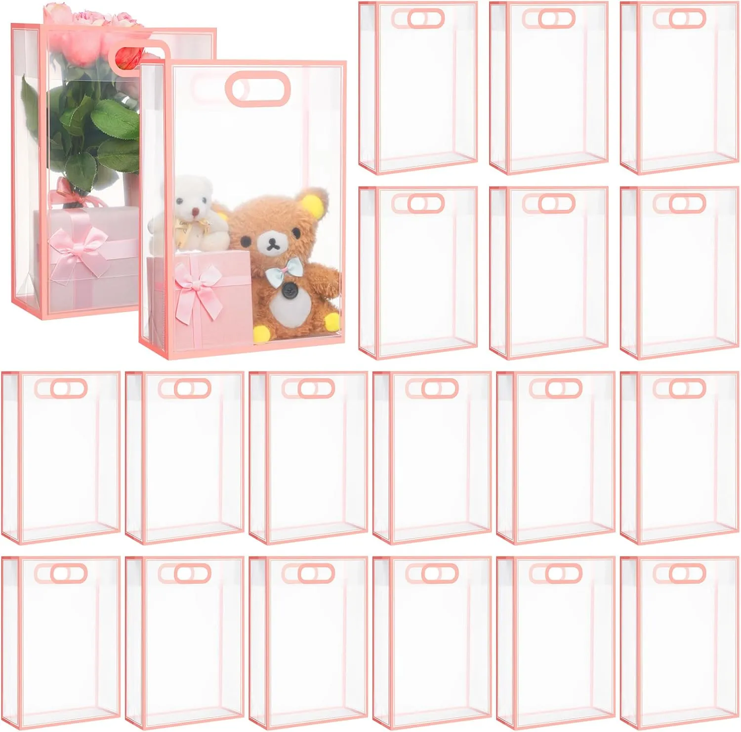 Dunzoom 20 Pcs Clear Plastic Gift Bag with Handles Reusable PP Favor Flower Bag for Father's Day Wedding Bridal Birthday Graduation(13.8 x 9.5 x 3.9'',Pink Trim)
