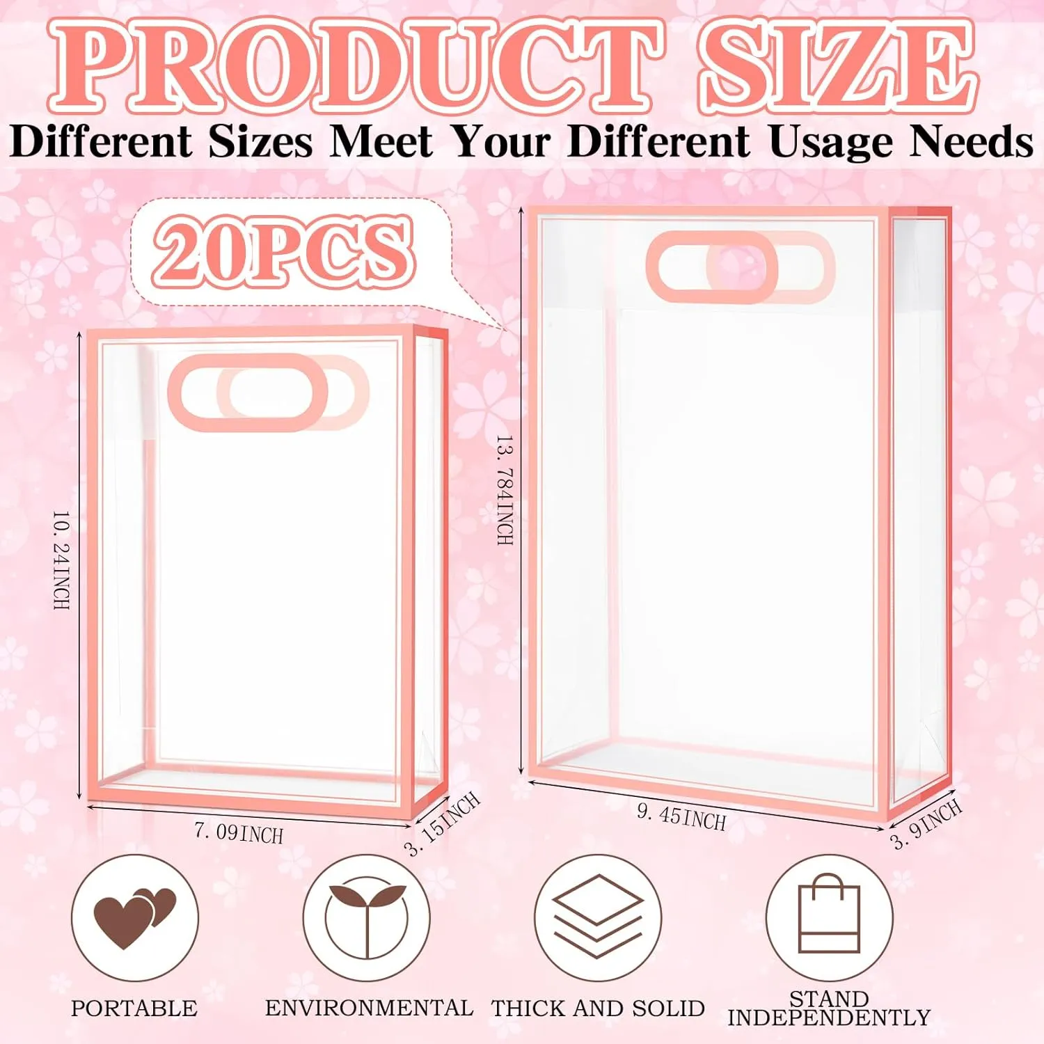Dunzoom 20 Pcs Clear Plastic Gift Bag with Handles Reusable PP Favor Flower Bag for Father's Day Wedding Bridal Birthday Graduation(13.8 x 9.5 x 3.9'',Pink Trim)