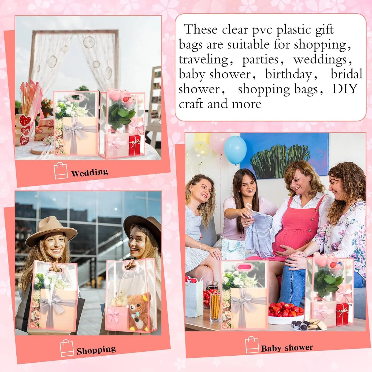 Dunzoom 20 Pcs Clear Plastic Gift Bag with Handles Reusable PP Favor Flower Bag for Father's Day Wedding Bridal Birthday Graduation(13.8 x 9.5 x 3.9'',Pink Trim)