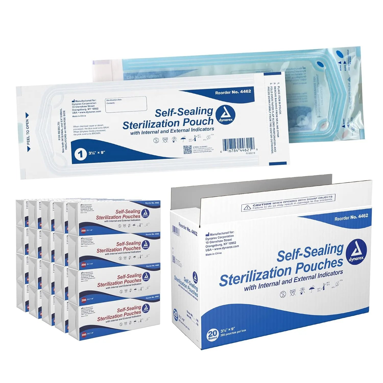 Dynarex Sterilization Pouches - Self-Sealing Autoclave Bags For Medical, Dental, Tattoo & Nail Care Tools - Blue-Tinted Transparent Cover, Dual Color Indicators - 3.5" x 9", 20 Boxes of 200