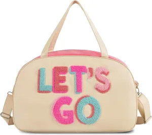 DYSHAYEN Chenille Letter Travel Duffle Bag Large PU Leather Weekender Overnight Bag for Women Carry on Bags Travel Tote（Let's Go）