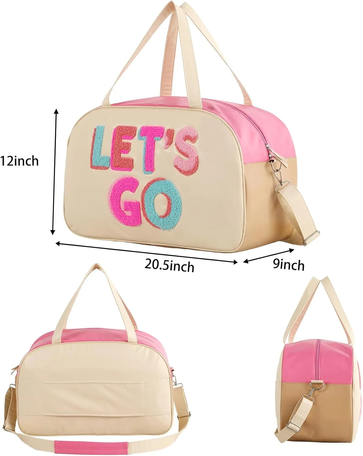 DYSHAYEN Chenille Letter Travel Duffle Bag Large PU Leather Weekender Overnight Bag for Women Carry on Bags Travel Tote（Let's Go）