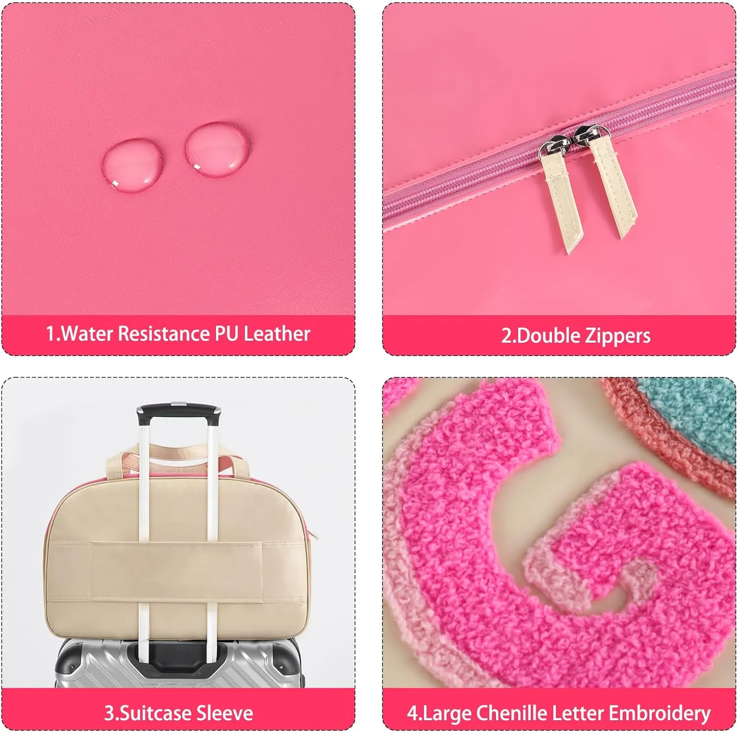 DYSHAYEN Chenille Letter Travel Duffle Bag Large PU Leather Weekender Overnight Bag for Women Carry on Bags Travel Tote（Let's Go）