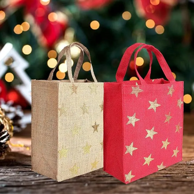 EARTHBAGS GOLD STAR JUTE GIFT BAG (PACK OF 2) - RED & BEIGE