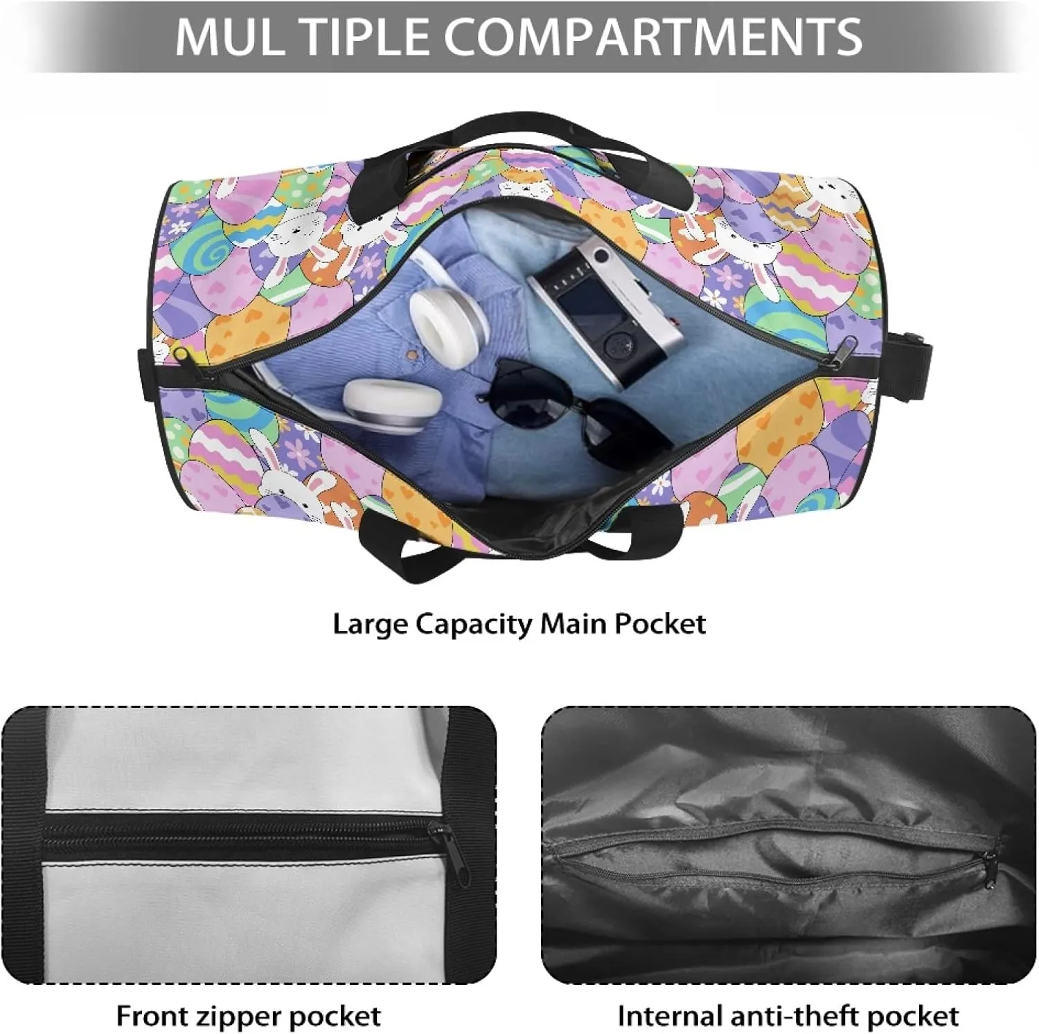 Easter Egg Women Carry On Bag for Woman Cute Rabbit Duffle Bag for Ladies Trendy Travel Bag Overnight Bag for Men Large Capacity Luggage Bag with Zipper Garment Bag