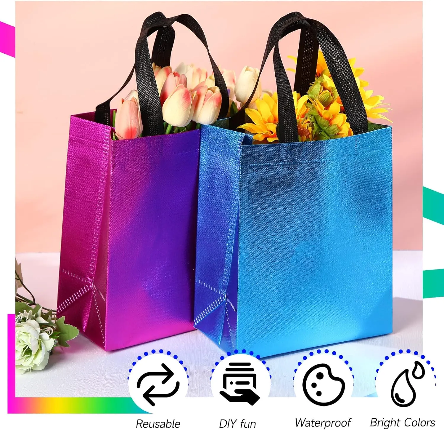 Eccliy 80 Pieces Gift Bags Set Glossy Reusable Tote with Handles Grocery Bags Bulk for Wedding, Bachelorette Party, Christmas(Medium,Colorful)