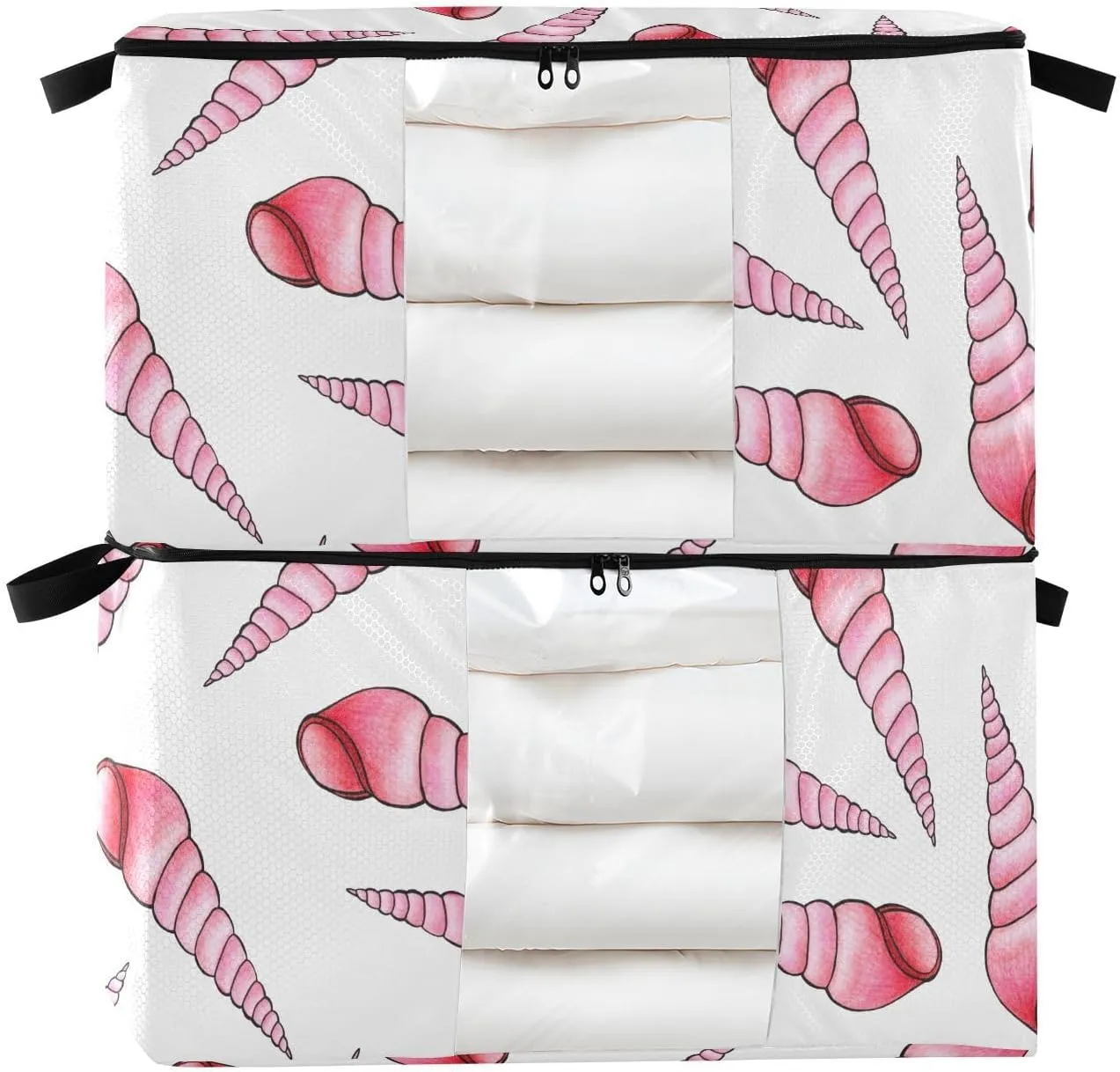 Elongated Seashells Clothes Storage, Foldable Blanket Storage Bags, 60L Storage Containers for Organizing Bedroom, Closet, Clothing, Comforter, Organization and Storage with Lids and Handle