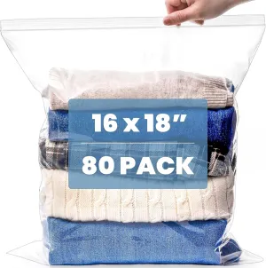 Elsjoy 80 Count 16" x 18" Reclosable 3.5 Gallon Large Resealable Clear Plastic Zipper Bags for Storage, Clothes, Travel, Food