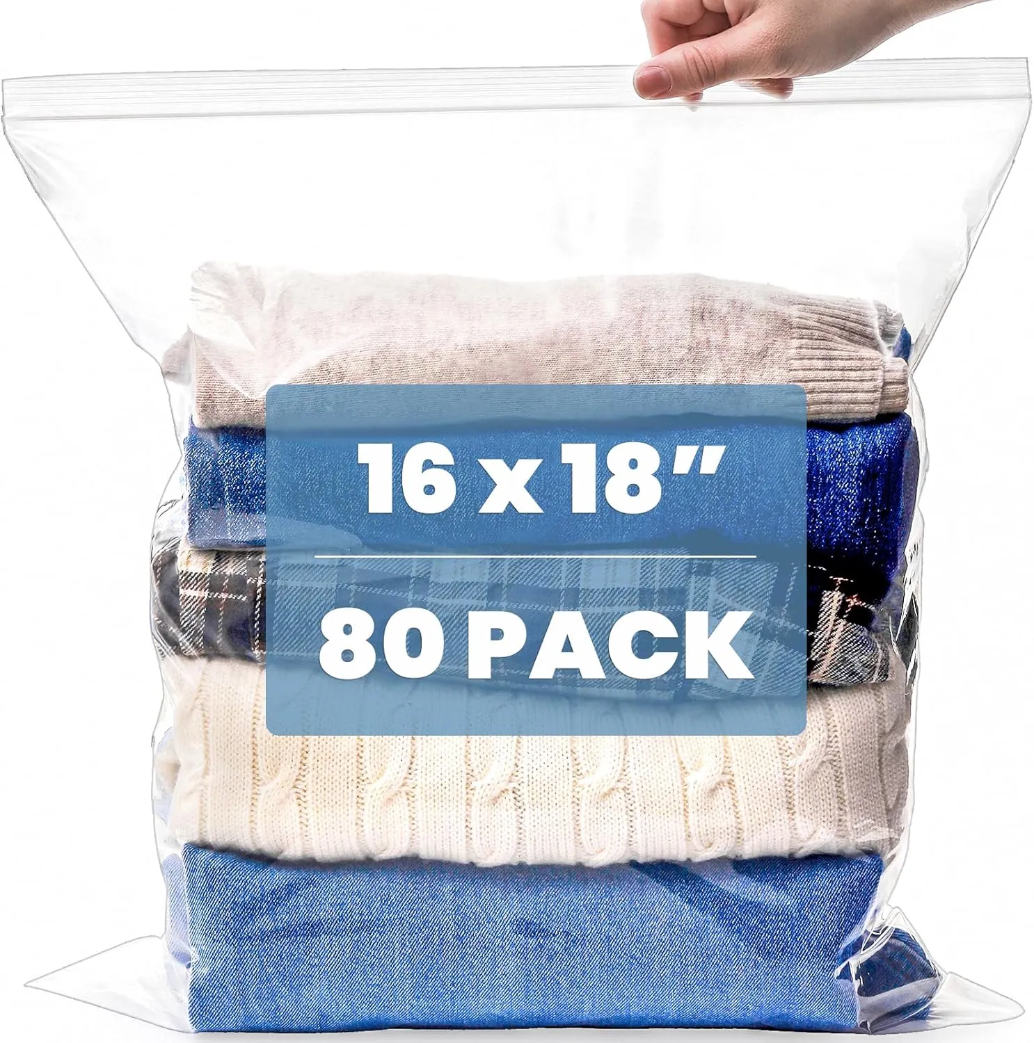 Elsjoy 80 Count 16" x 18" Reclosable 3.5 Gallon Large Resealable Clear Plastic Zipper Bags for Storage, Clothes, Travel, Food