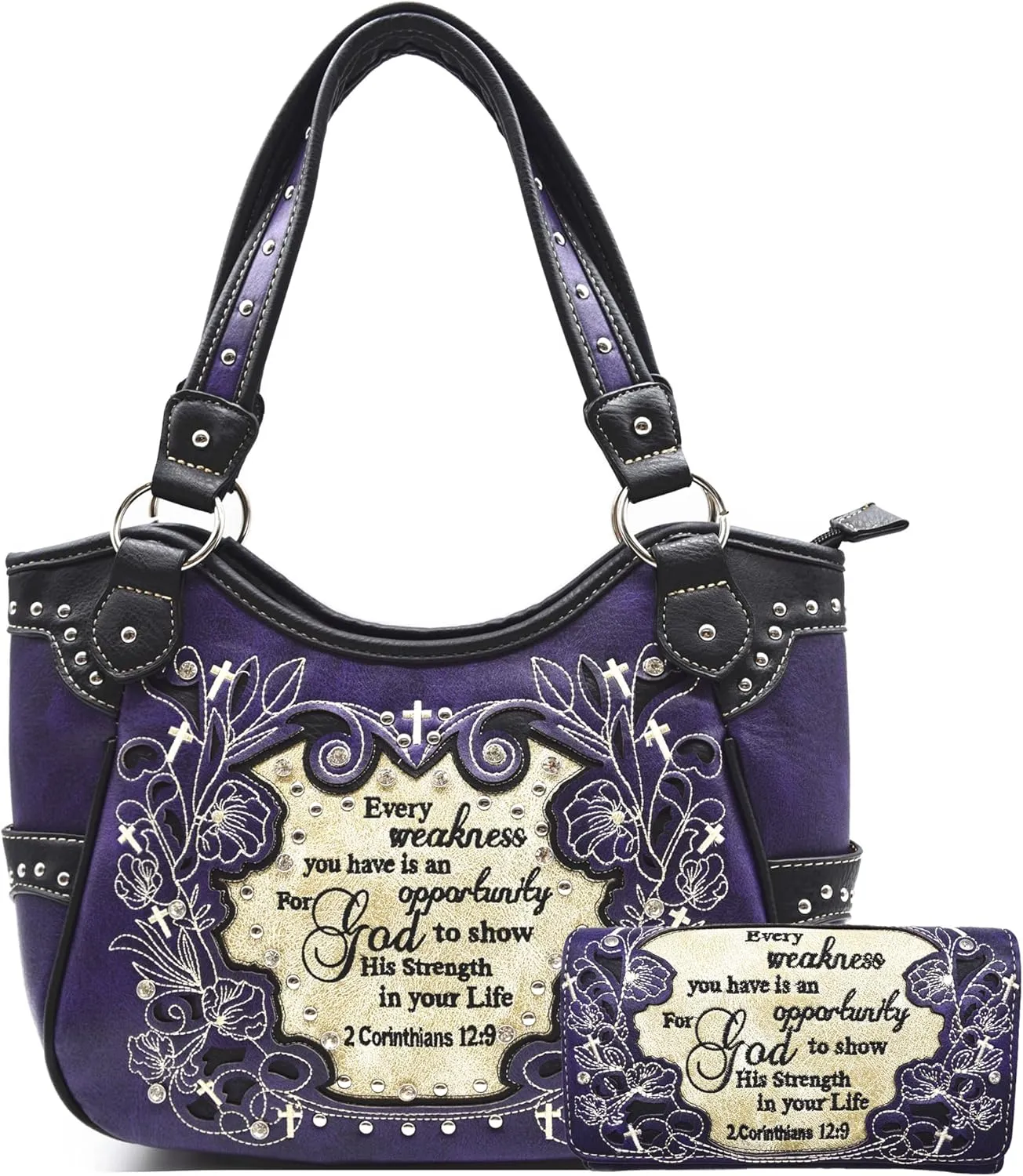 Embroidered Cross Scripture Bible Verse 2 Corinthians 12:9 Purse Studded Western Style Handbag Women Shoulder Bags Wallet Set