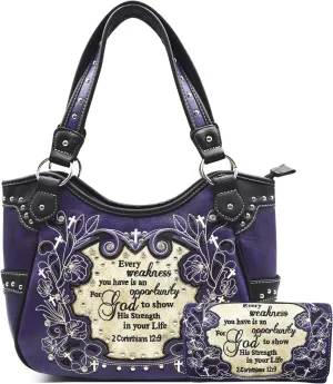 Embroidered Cross Scripture Bible Verse 2 Corinthians 12:9 Purse Studded Western Style Handbag Women Shoulder Bags Wallet Set