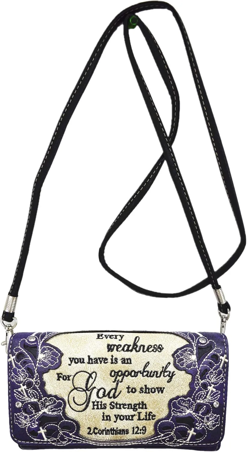 Embroidered Cross Scripture Bible Verse 2 Corinthians 12:9 Purse Studded Western Style Handbag Women Shoulder Bags Wallet Set