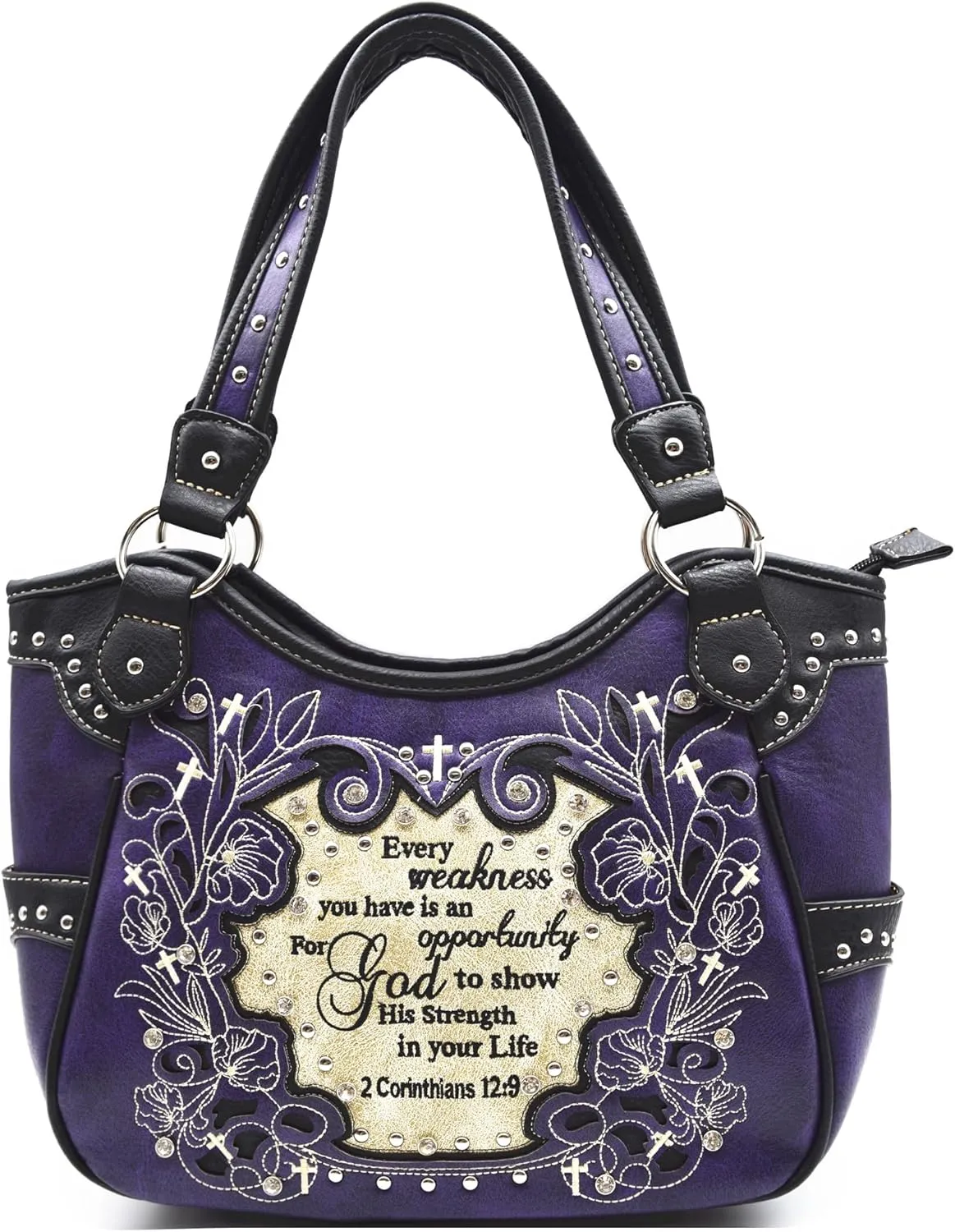 Embroidered Cross Scripture Bible Verse 2 Corinthians 12:9 Purse Studded Western Style Handbag Women Shoulder Bags Wallet Set