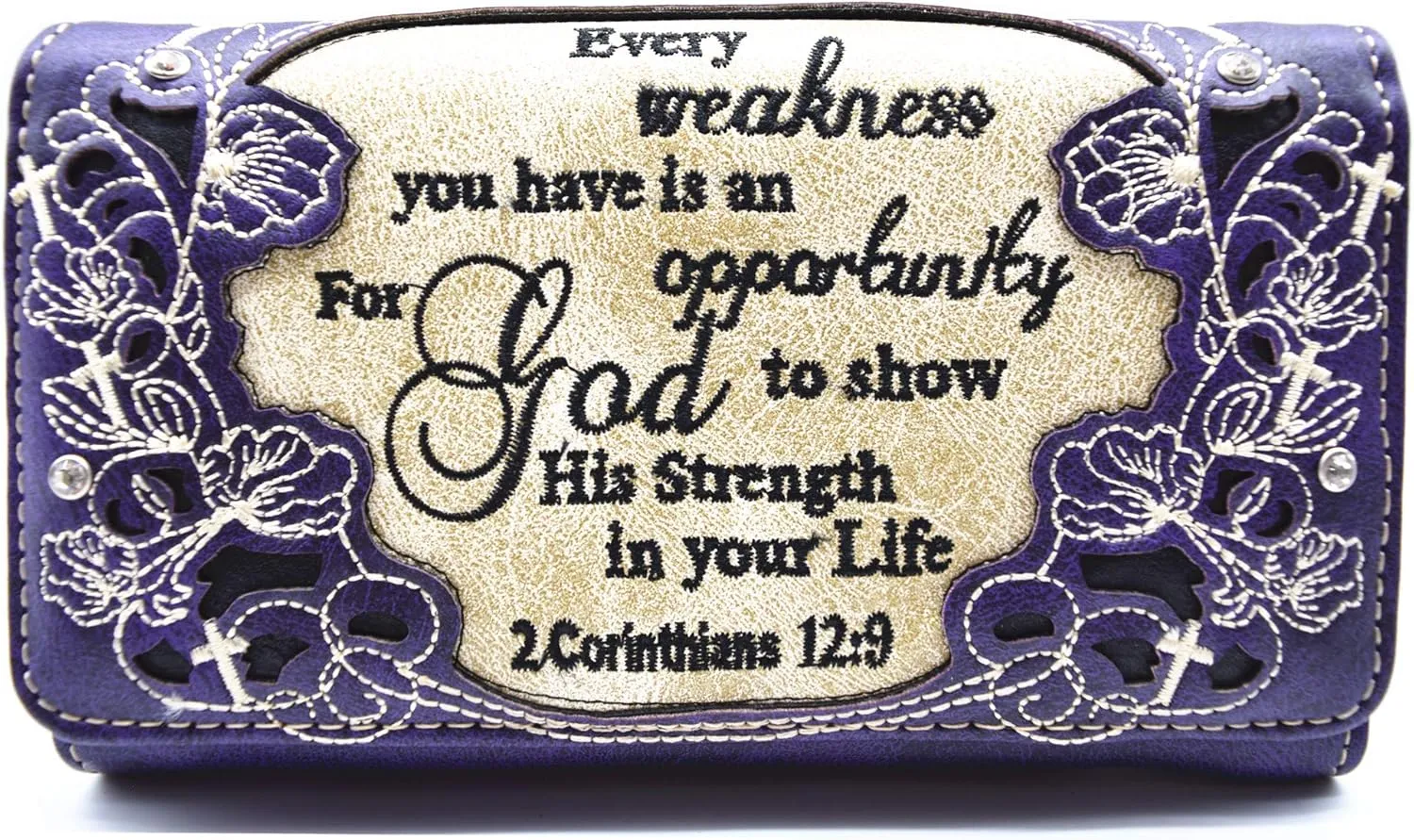 Embroidered Cross Scripture Bible Verse 2 Corinthians 12:9 Purse Studded Western Style Handbag Women Shoulder Bags Wallet Set