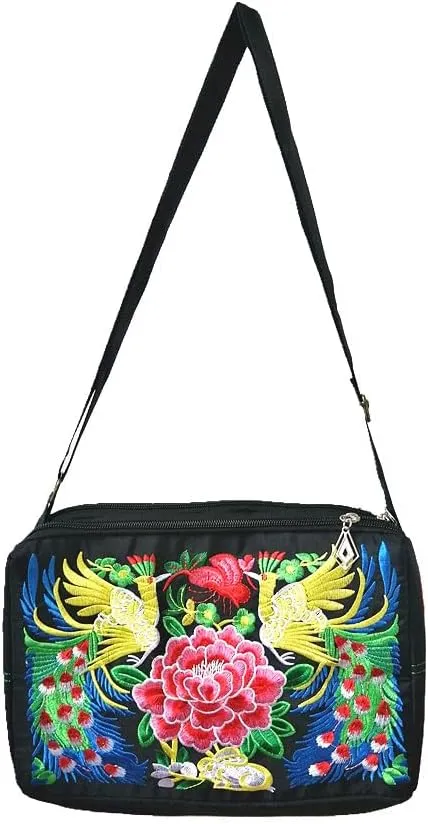 Embroidered Crossbody Bag for Women Triple Zip Cell Phone Purse Vintage Floral Messenger Shoulder Bag