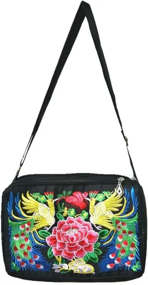 Embroidered Crossbody Bag for Women Triple Zip Cell Phone Purse Vintage Floral Messenger Shoulder Bag